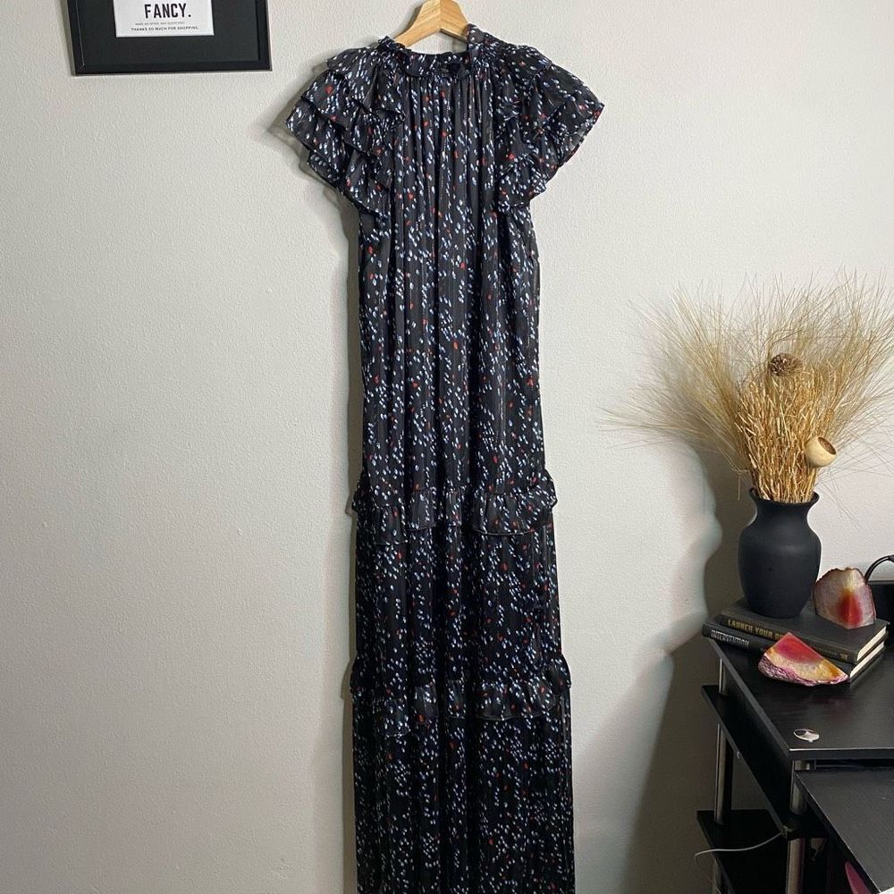 Sabina Musayev Dress Gwen Maxi Flutter Sleeve Black Dotted Maxi Size M - Picture 10 of 13